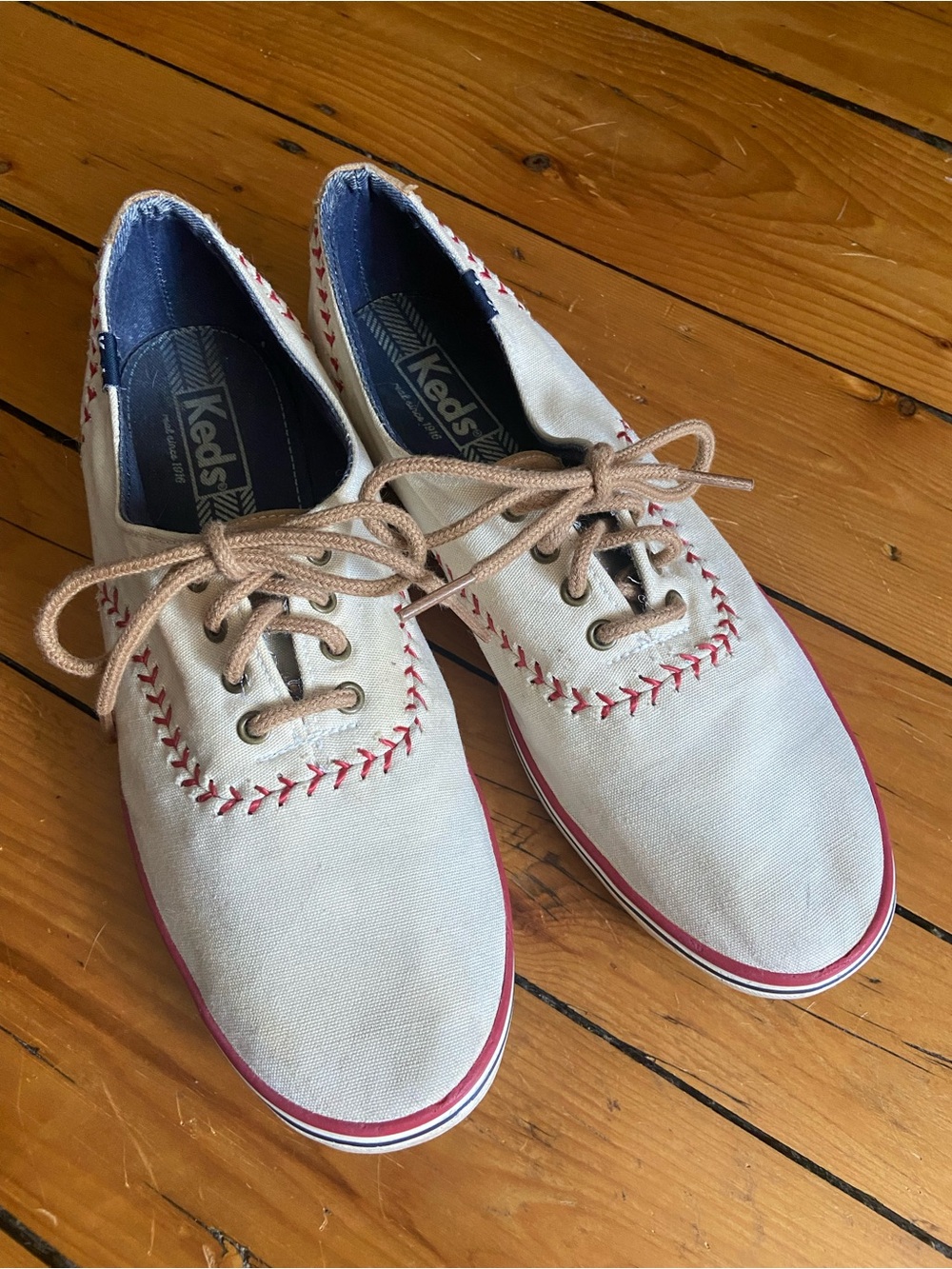 Keds Baseball Canvas Sneakers with Red Trim and Brown Laces
